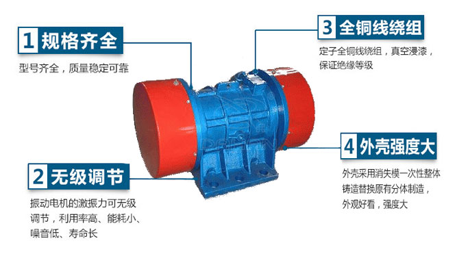 VB振動(dòng)電機(jī)特點(diǎn)：1，規(guī)格齊全：型號(hào)齊全，質(zhì)量穩(wěn)定可靠。2，無極調(diào)節(jié)：振動(dòng)電機(jī)的激振力可無極調(diào)節(jié)，利用率高，能耗小，噪音低，壽命長(zhǎng)。4，外殼輕度大：外殼采用消失模一次性整體鑄造替換原有分體制造，外觀好看，強(qiáng)度大。