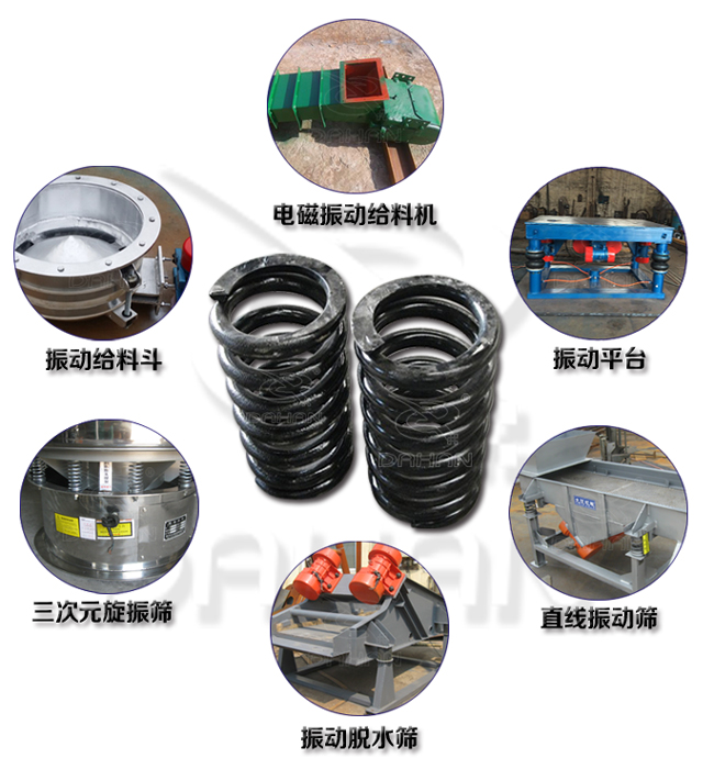 旋振篩減震彈簧適用產(chǎn)品：振動(dòng)給料機(jī)，電磁振動(dòng)給料機(jī)，振動(dòng)平臺(tái)，直線振動(dòng)篩，振動(dòng)脫水篩，三次元旋振篩。