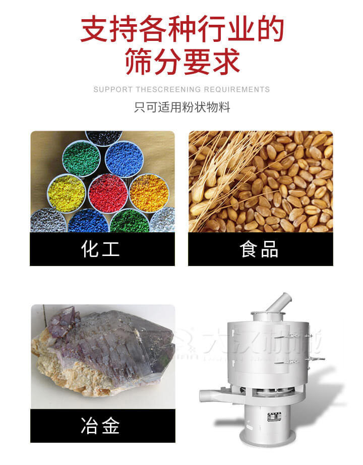 氣流篩用于礦粉，石墨粉，活性納米碳酸鈣，鋁灰，大豆粉，碳酸重鈣，石墨粉，木粉，干草，重金石粉，藥粉末，橡膠顆粒，草酸鹽，干料粉，木粉，聚酯粉，干粉，塑料，金屬粉末，橡膠粉，粉煤灰，石墨粉，陶瓷粉，鋅粉，石英粉，石灰粉，鐵粉，金屬硅粉等。