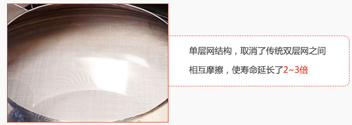 單層網(wǎng)結(jié)構(gòu)，取消了傳統(tǒng)雙層網(wǎng)之間相互摩擦，使壽命延長(zhǎng)了2~3倍