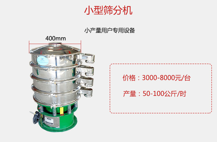 小型篩分機(jī)產(chǎn)量可達(dá)100公斤/時(shí)，價(jià)格3000元起。