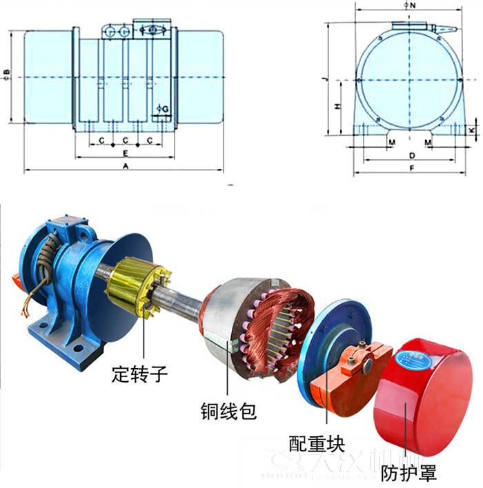 ZFB倉壁振動(dòng)器外形尺寸字母代表：A為整機(jī)長(zhǎng)度F為整機(jī)寬度B為主機(jī)寬度等。結(jié)構(gòu)：定轉(zhuǎn)子，銅線包，配重塊，防護(hù)罩等。