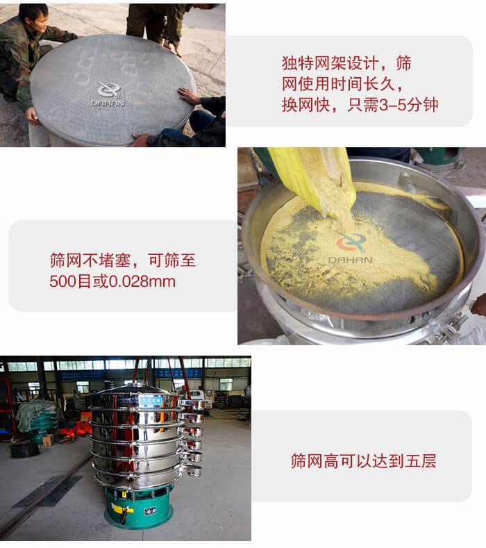三次元振動篩的特點：篩網(wǎng)使用時間長換讓時間短，篩網(wǎng)不堵塞，可篩至500目或0.028mm。