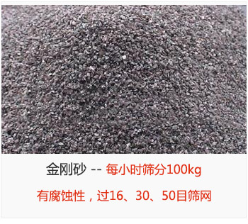篩分金剛砂每小時100kg，有腐蝕性，過16、30、50目篩網(wǎng)