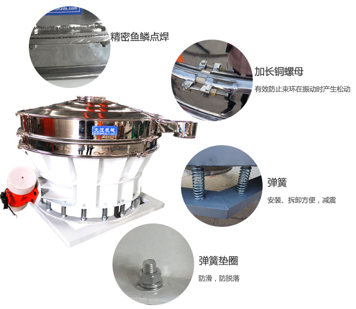 1500直排篩細節(jié)展示：彈簧，彈簧墊圈，加長銅螺母。