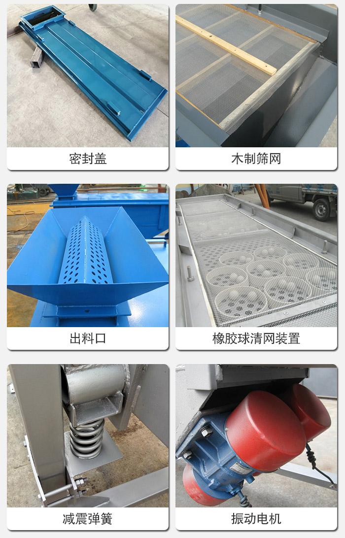 直線篩分機(jī)的結(jié)構(gòu)展示圖：篩箱是物料主要篩分設(shè)備之一，篩網(wǎng)用于篩分物料，振動(dòng)電機(jī)幫助篩網(wǎng)篩分。