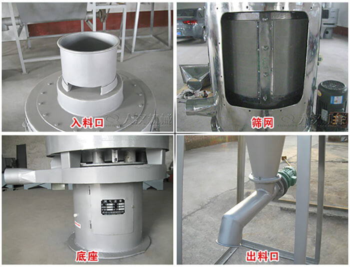 氣流篩部件展示：入料口，篩網(wǎng)，底座，出料口等。