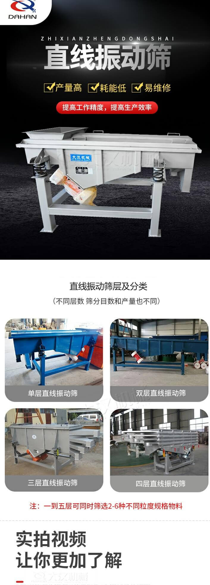 直線振動(dòng)篩概述，產(chǎn)量高，耗能低，易維修，提高工作精度，提高生產(chǎn)效率，直線振動(dòng)篩層級分類：不同層數(shù)，篩分目數(shù)和產(chǎn)量也不同：單層，雙層，三層，四層等。