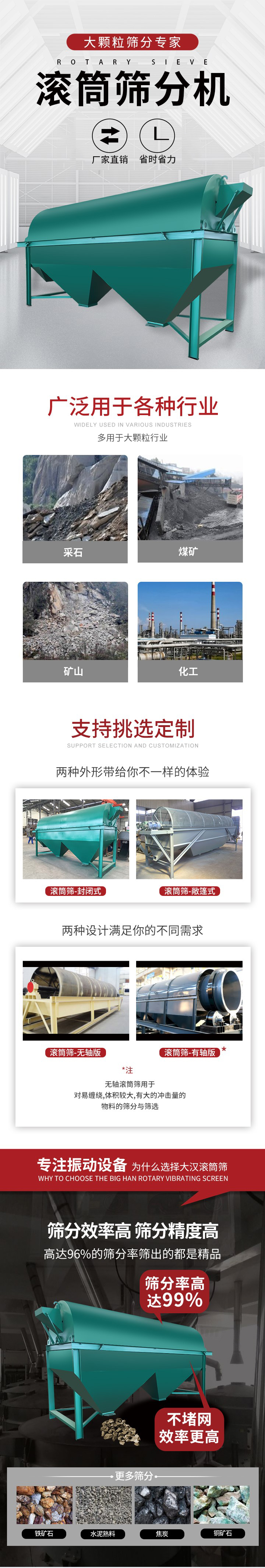 滾筒篩分機大顆粒篩分專家：廠家直銷，省時省力。滾筒篩被廣泛應用各種行業(yè)：多用于大顆粒行業(yè)例如：采石，煤礦，礦山，化工等。滾筒篩定制類型有哪些：封閉式與敞篷式產品結構分為：無軸式，有軸式兩種，無軸滾筒篩用于對纏繞，體積較大，有大的沖擊量的物料的篩分與篩選。滾筒篩篩分效率高篩分精度能夠達到：96%也比較適用于鐵礦石，水泥熟料，焦炭，銅礦石。滾筒篩特點：不飛粉末：密封隔離罩，密封性好，工作過程不會出現(xiàn)飛粉現(xiàn)象。外型尺寸是按筒體長計