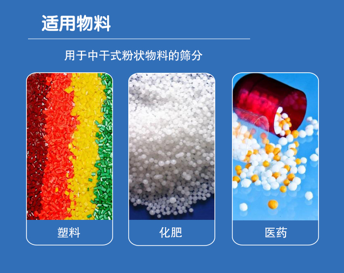 顆粒振動(dòng)篩廣泛適用于化工、食品、糧食、陶瓷等行業(yè)中干式粉狀物料的篩分。