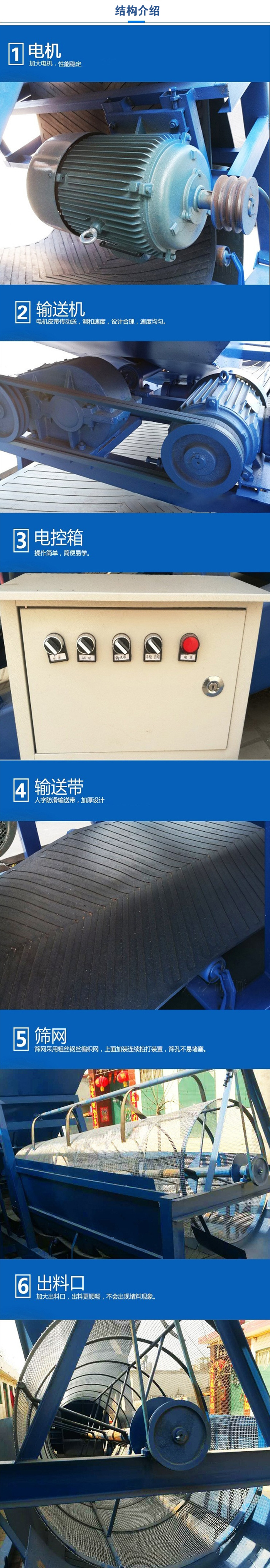 移動篩沙機結構:電機，加大電機，性能相對比較穩(wěn)定。輸送機：電機皮帶傳動送，調和速度，設計合理，速度均勻。電控箱：操作簡單，簡便易學。輸送帶：人字防滑輸送帶，加厚設計。篩網(wǎng)，采用粗絲鋼絲編織而成的篩網(wǎng)，上面加裝連續(xù)拍打裝置，篩孔不易堵塞。出料口：加大出料口，出料更順暢，不會出現(xiàn)堵料現(xiàn)象。