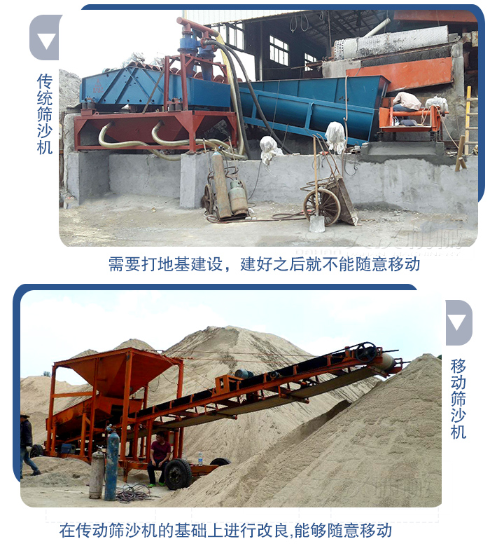 移動的篩沙機在安裝前需要打地基，而固定完畢后就不能隨意的移動，而移動篩沙機不需要打地并且隨時能夠進行移動。