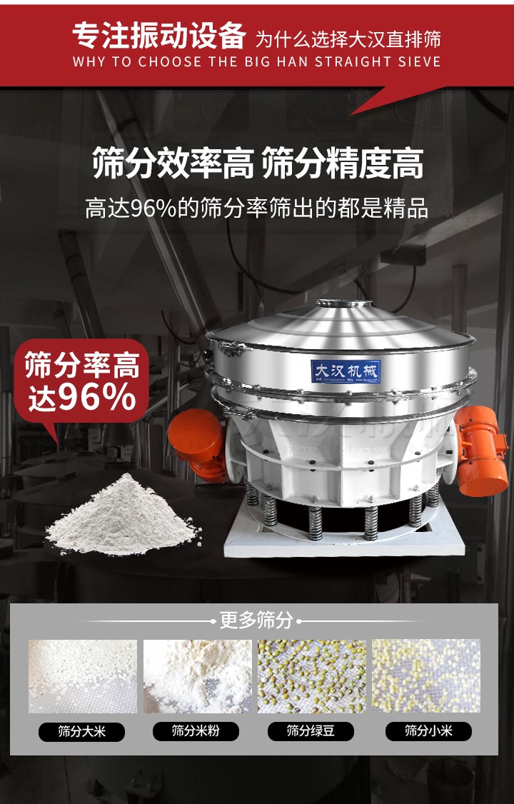 直排篩適用物料有面粉，淀粉，洗衣粉，金屬粉，添加劑，化工，非礦等行業(yè)。