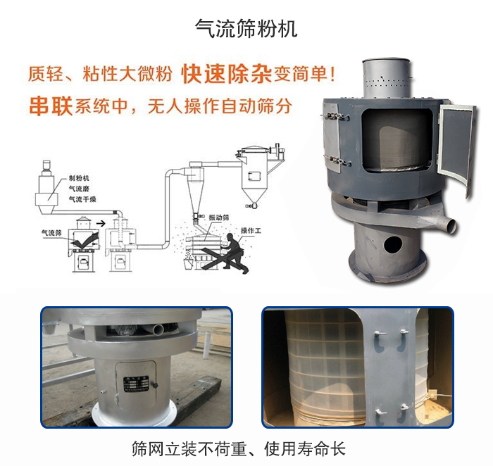氣流篩粉機(jī)適用：質(zhì)輕，粘性大微粉采用串聯(lián)系統(tǒng)重，無人操作自動篩分 特點(diǎn)：篩網(wǎng)立裝不負(fù)重，使用壽命長。
