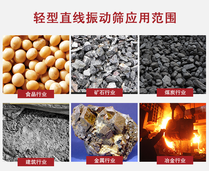 輕型直線振動(dòng)篩應(yīng)用范圍較廣多使用與顆粒狀，粉狀以及其它重型行業(yè)的輸送。