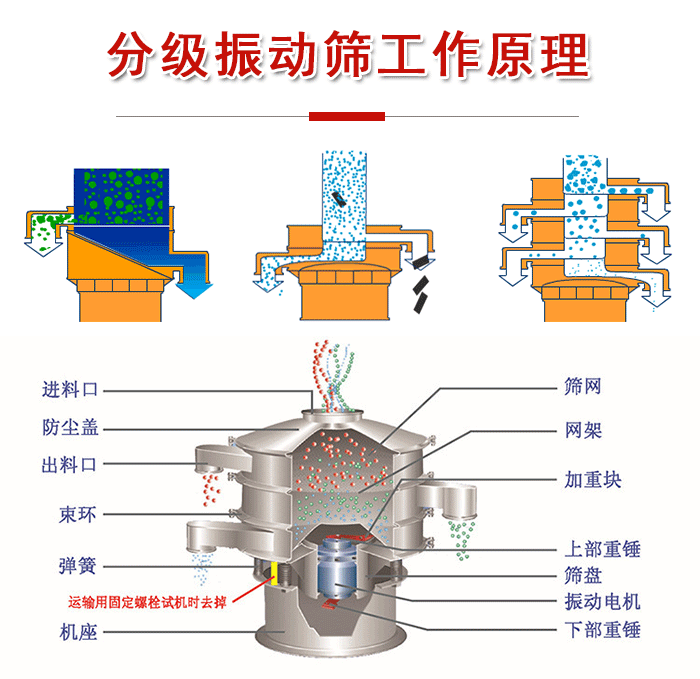 分級(jí)振動(dòng)篩內(nèi)部結(jié)構(gòu)：進(jìn)料口，防塵蓋，出料口，束環(huán)，彈簧，機(jī)座，篩網(wǎng)，網(wǎng)架，上部重錘，振動(dòng)電機(jī)，下部重錘。