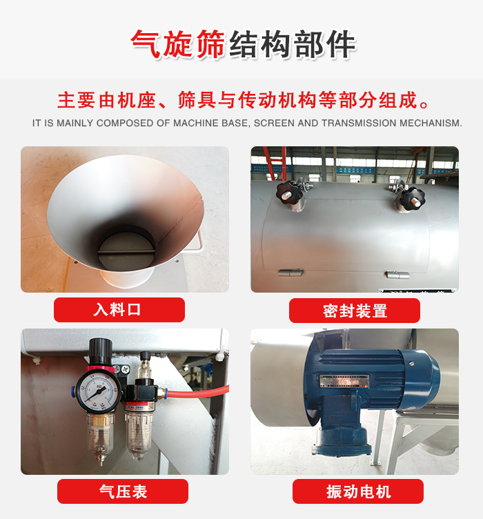氣旋篩結(jié)構(gòu)：入料口，密封裝置，電機，氣壓表等