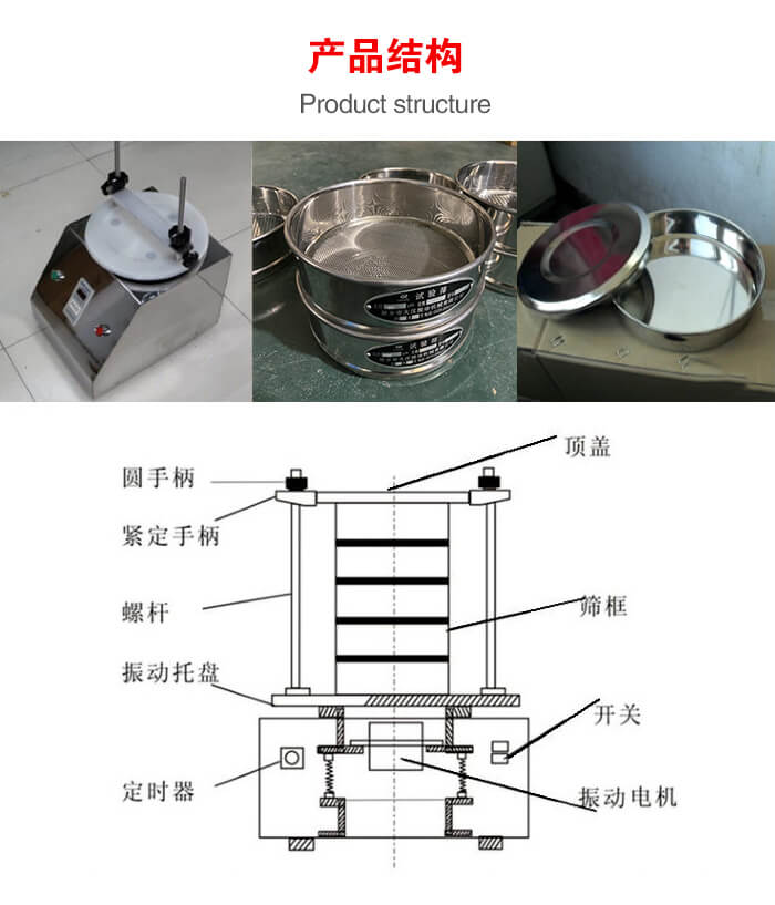 實(shí)驗(yàn)室振動篩-試驗(yàn)篩結(jié)構(gòu)主要由：圓手柄，緊定手柄，螺桿，振動托盤，篩框，頂蓋等。