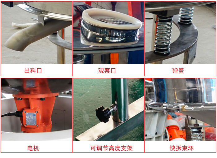 高頻篩細(xì)節(jié)展示：出料口，觀察口，彈簧，電機(jī)，可調(diào)節(jié)高度支架，快拆束環(huán)。